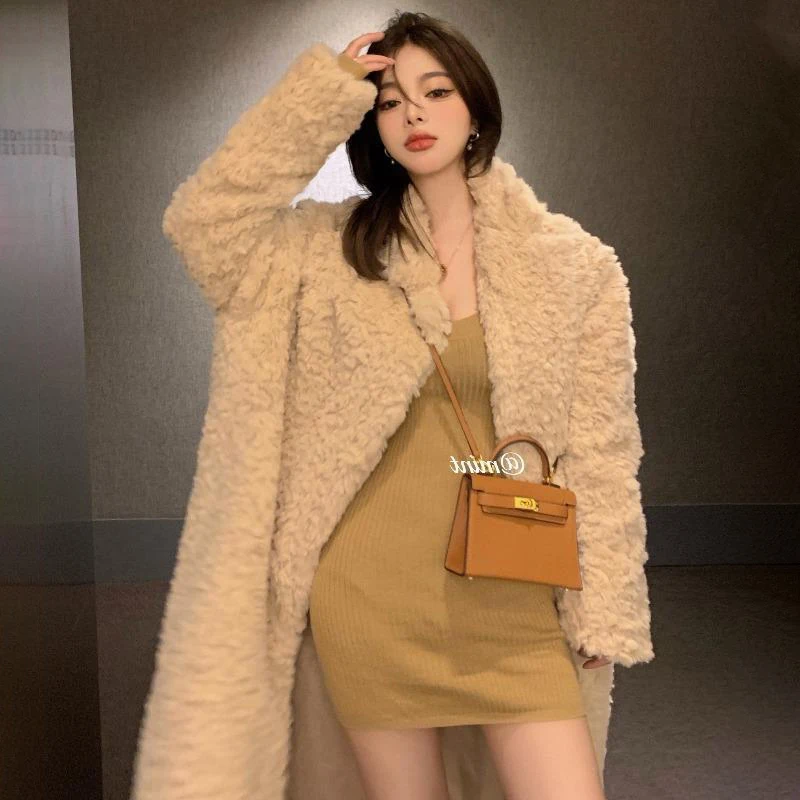 

2024 New Korean Cashmere Wool Coat For Women In Autumn Winter Long Loose Versatile Woolen Jackets Padded Warm Plush Trench Coats