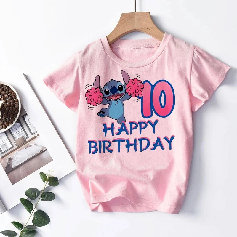 kawaii Stitch Disney Girl Birthday T-Shirt Summer Kids Number Tee Shirt Short Sleeve Children Tee Tops Cartoon Printed Clothes