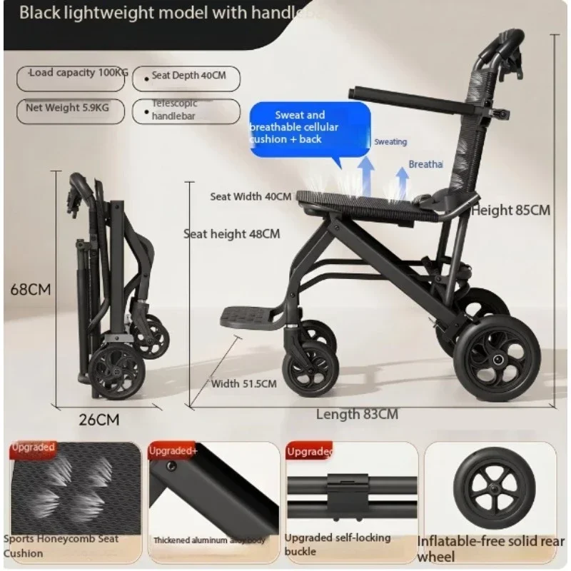 Folding Wheelchair for the Elderly, Lightweight Portable Travel Transport Chair for Senior Outdoor Trip