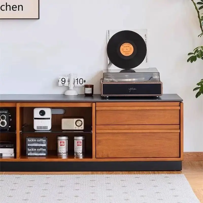 YFY  Solid Wood TV Cabinet with Rock Slab for Small Living Rooms, Freestanding Vintage TV Stand for Home Use