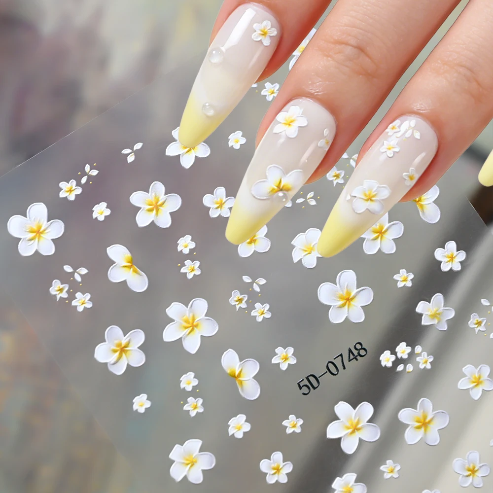 

5D Embossed White Yellow Plumeria Nail Stickers Summer Flower Petals Nail Decals, Elegant Manicure Decor For DIY Nail Art Salon