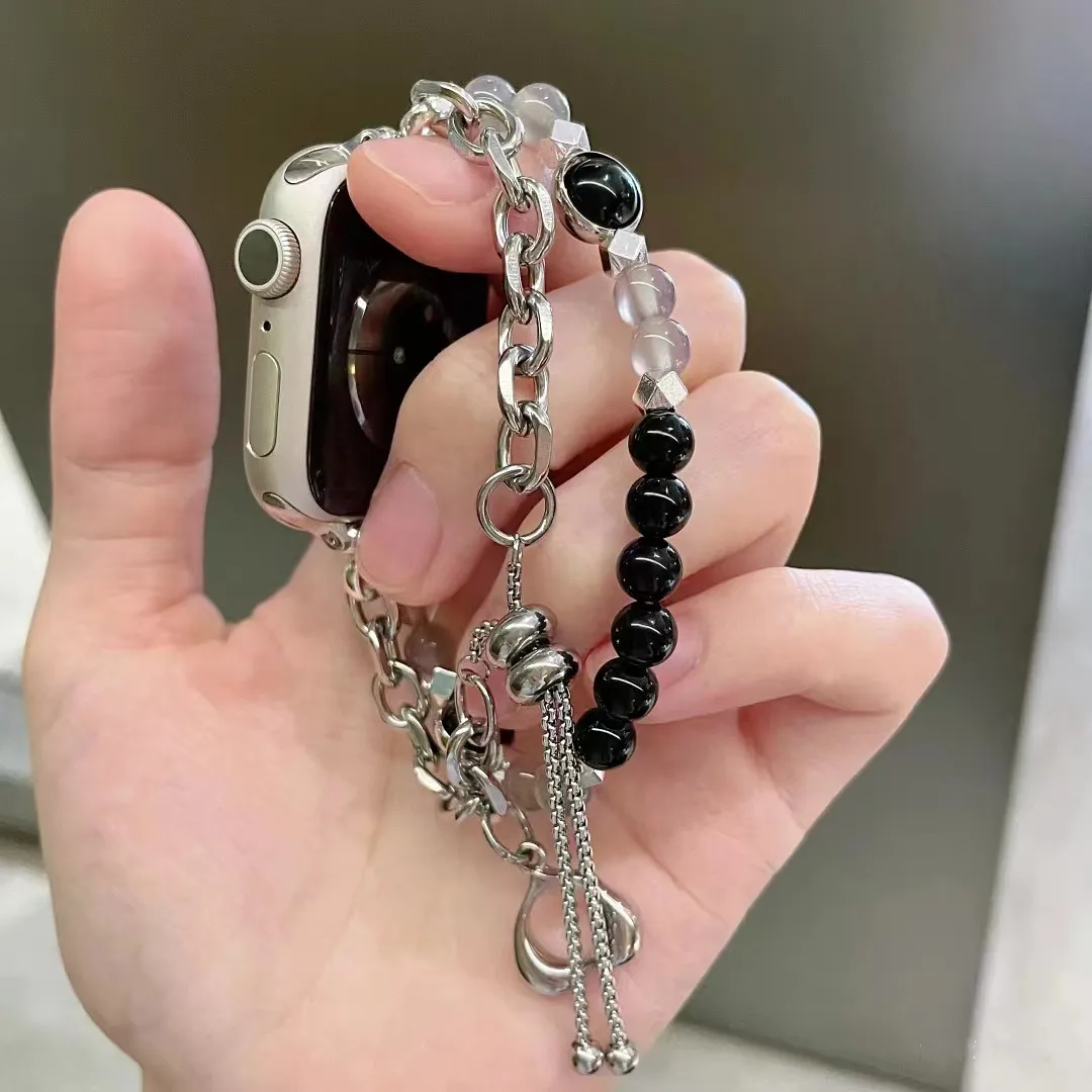 Tali jam tangan untuk iWatch, tali rantai mutiara untuk iWatch 42/38mm 49Ultra 41/45mm 8SE 7 6 5 4 3 2 1 perhiasan gelang wanita untuk iWatch 40/44mm