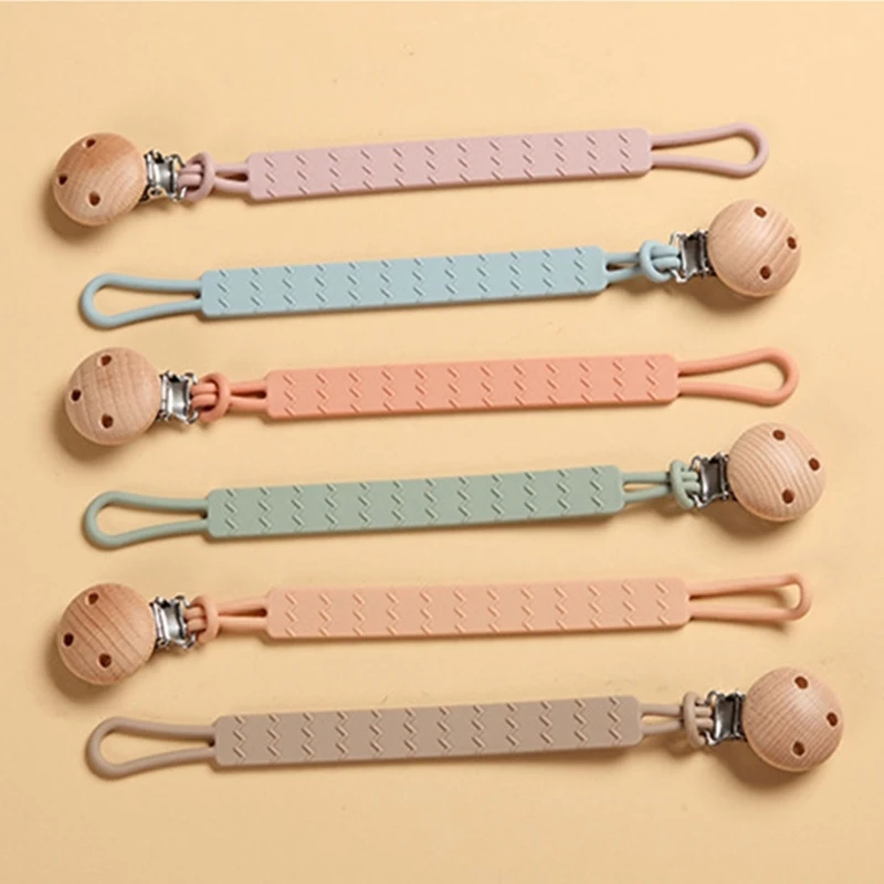 Anti-drop Chain Silicone Pacifier Wooden Clip Hanging Strap Infant Nipple Holder QX2D