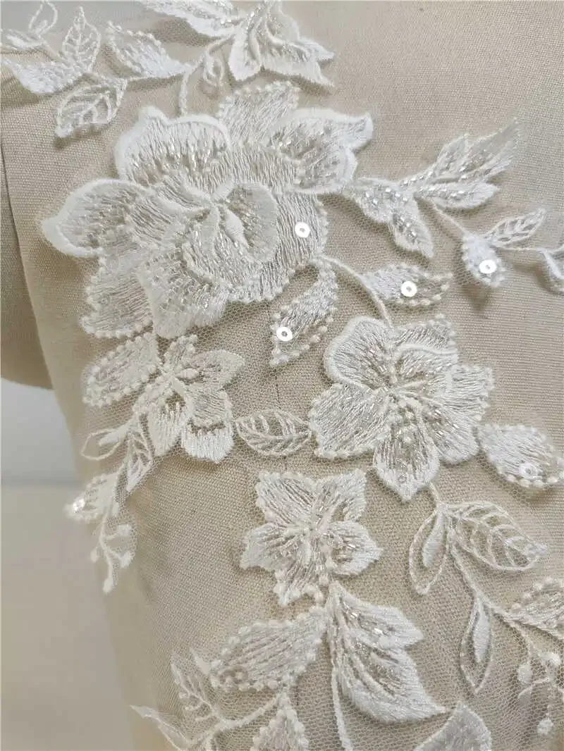 10PCS and 5PCS.. White Beaded Embroidery 3D Lace Mirror Flowers Leaf High Quality Handmade DIY Wedding Veil Patch Applique