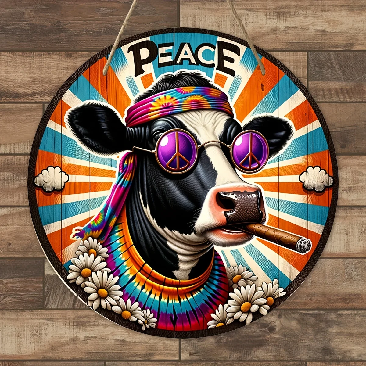 Rustic Wooden Peace Sign,3D Cow With Hippie Glasses,Floral Wreath Center,Front Door Festive Garnish,Home&Outdoor Wall Decor