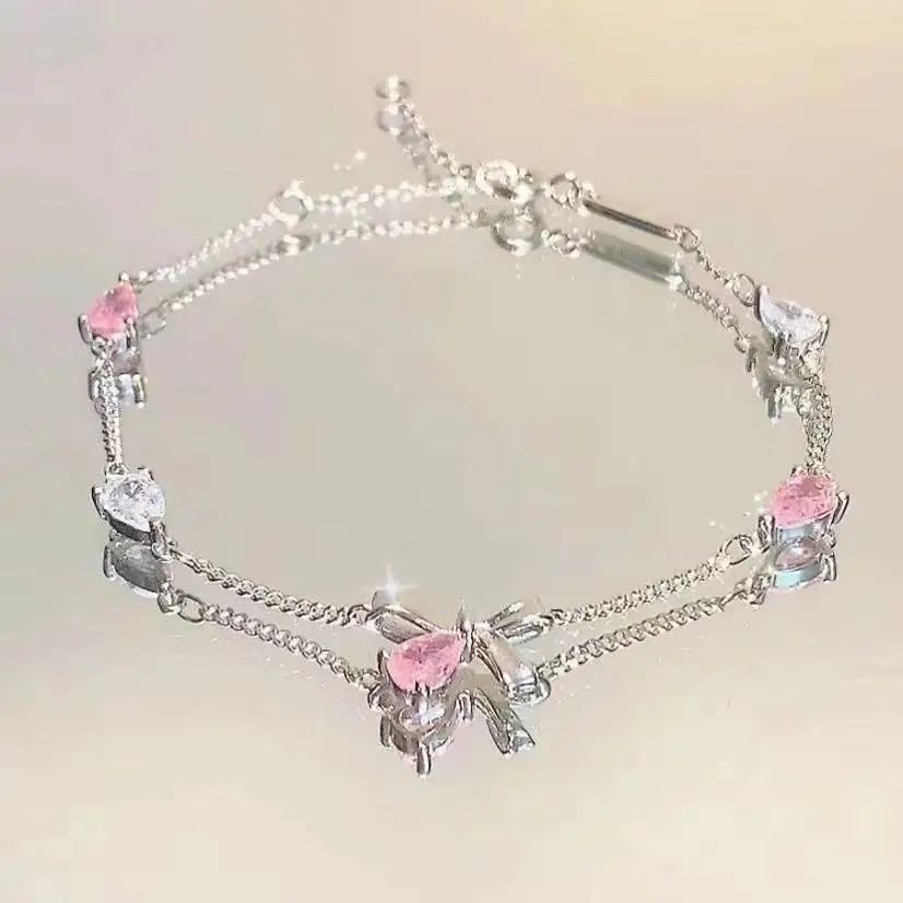 女性のための輝くピンクのクリスタルブレスレット,女の子のための桜のジュエリー,甘い月の弓,ジルコンの花,美的パーティージュエリー
