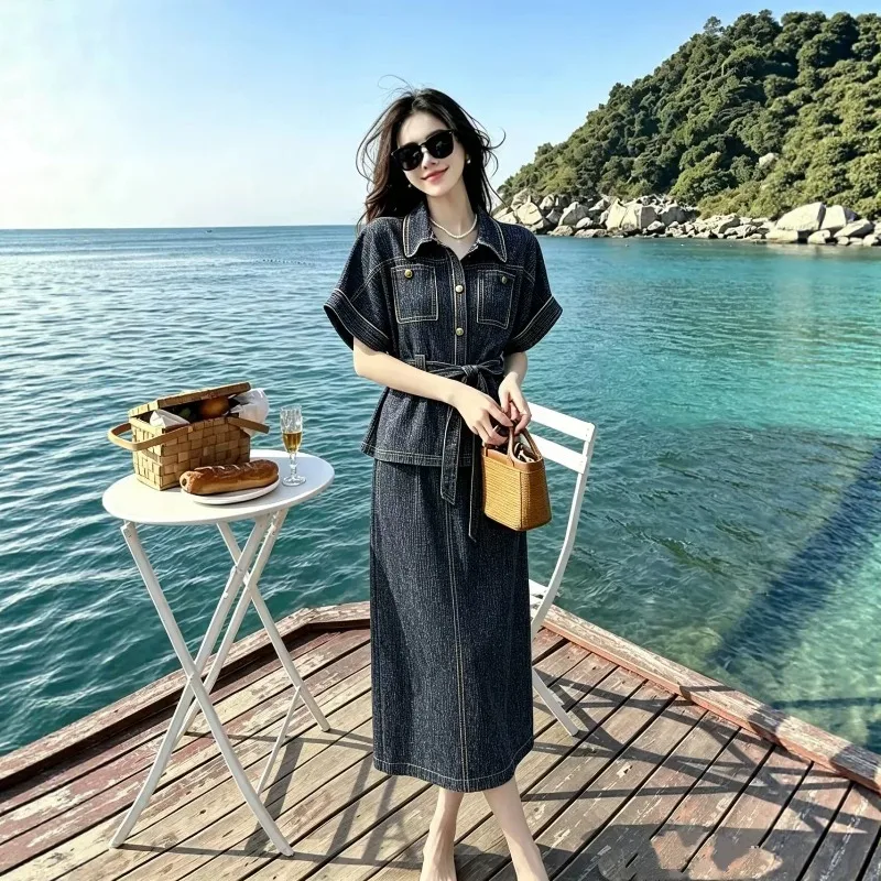 Miyake Pleated 2026 New Early Autumn Denim Set for Women Short Sleeve Turn-down Collar Waist Tie Straight Half Skirt Pleated Set