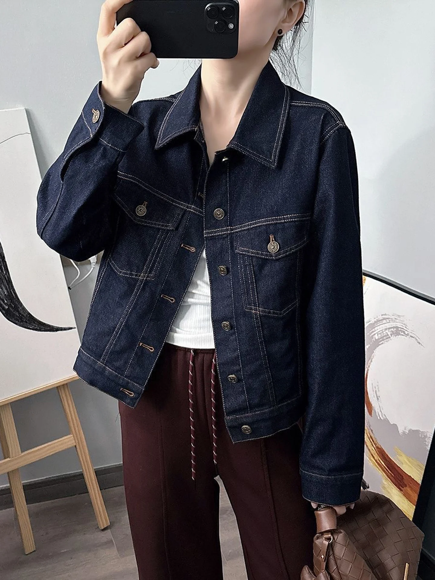 Washed Deep Blue Women's Denim Jacket Casual Short Style Retro Slim Fit Autumn New Arrival Button Embellished Casual Outerwear