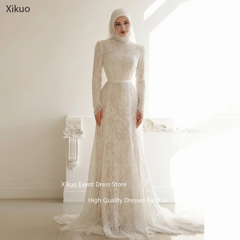 

Xikuo Скромные вечерние платья с высоким воротом и длинными рукавами и аппликациями Vestidos De Verano Нежные кружевные вечерние платья трапециевидной формы по индивидуальному заказу