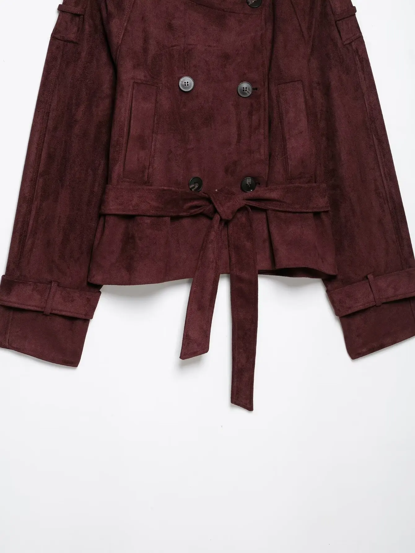BSAY 2026 Commuter-Style Damenjacke aus Kunstwildleder, Burgunderrot, Stehkragen, Doppelreihig, mit Gürtel, Langarm, Kurze Oberbekleidung – Detail 8