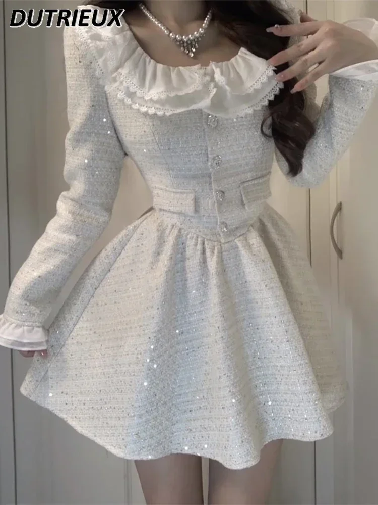 

French Sweet Style Female Long Sleeve Dress Spring Autumn Senior Sense Waist Trimming Single-Breasted Princess Dresses for Women