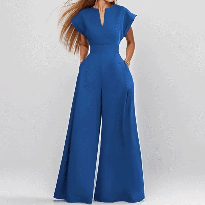 

Fashion V-neck short sleeved high waisted pocket solid color wide leg jumpsuit 2025 spring/summer women's casual jumpsuit pants