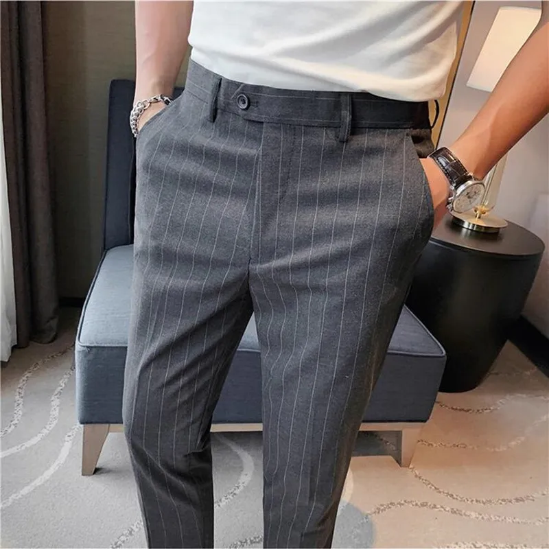

High Quality Men's Striped Suit Pant Male Business Slim FitCasual Trousers Autumn Men Office Social Wedding Straight Pants