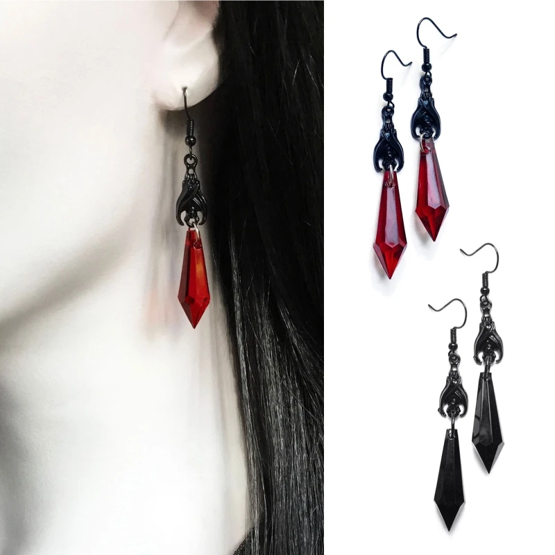 Fashion Pointed Red Drop Earring for Women Crystal Black Bat Pendant Earring