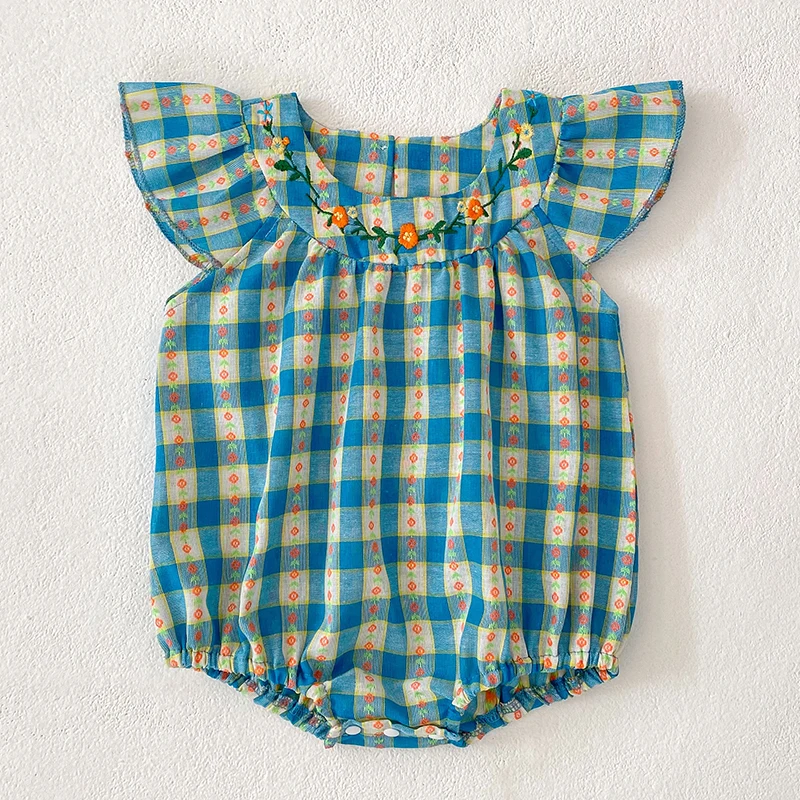 ملابس صيفية للأطفال البنات رومبير مطرز لحديثي الولادة شبكة زرقاء من القطن بأكمام طائرة ملابس أطفال من عمر 0 إلى 24 شهرًا ملابس بناتي #2