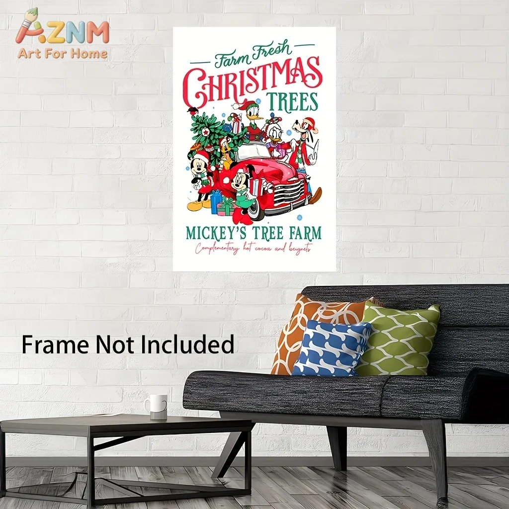 AZNM Mickey Mouse y sus amigos, granja de árboles de Navidad, lienzo sin marco, arte de pared, decoración navideña, póster impreso