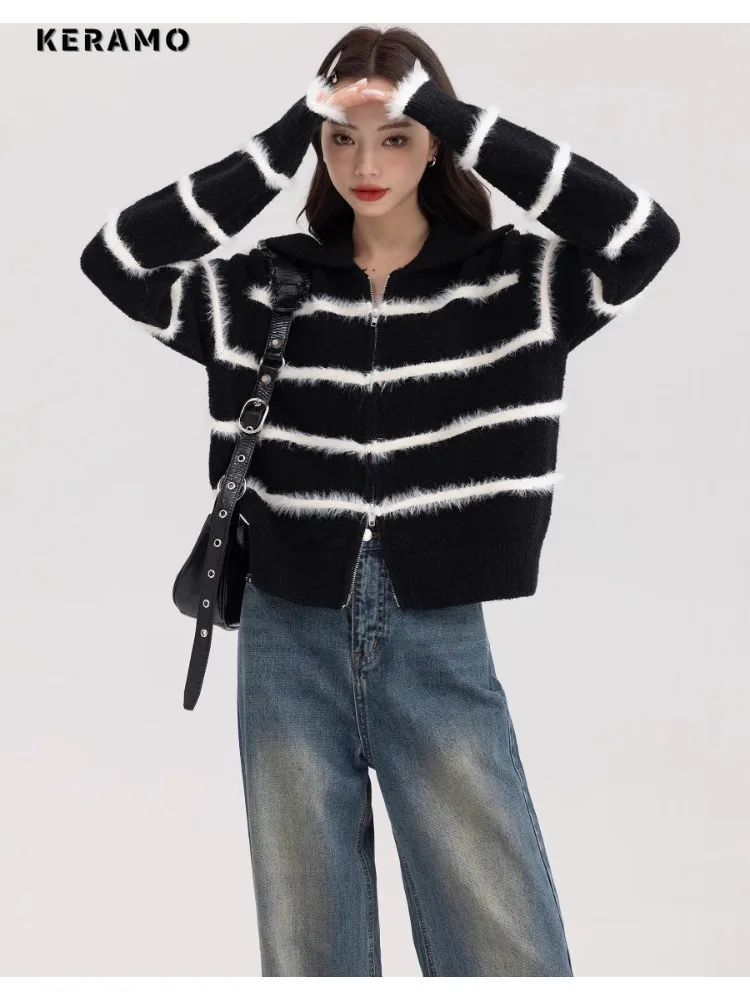 

2023 Autumn Winter Vintage Y2K Knitting Long Sleeve Pullovers Korean Fashion Women Striped Jumpers Ladies Zipper Sweater