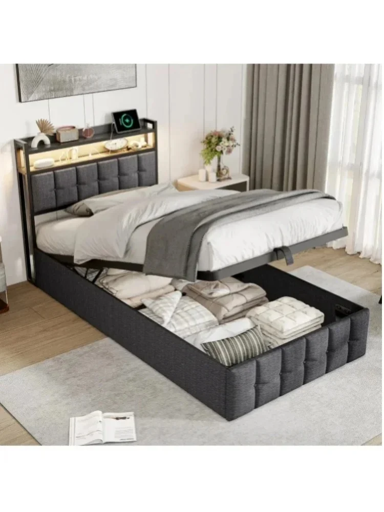Einzelbett 90x200 cm, gepolstertes Kinderbett, Bett mit Stauraum, Jugendbett, hautfreundliches Leinen, Holzleisten