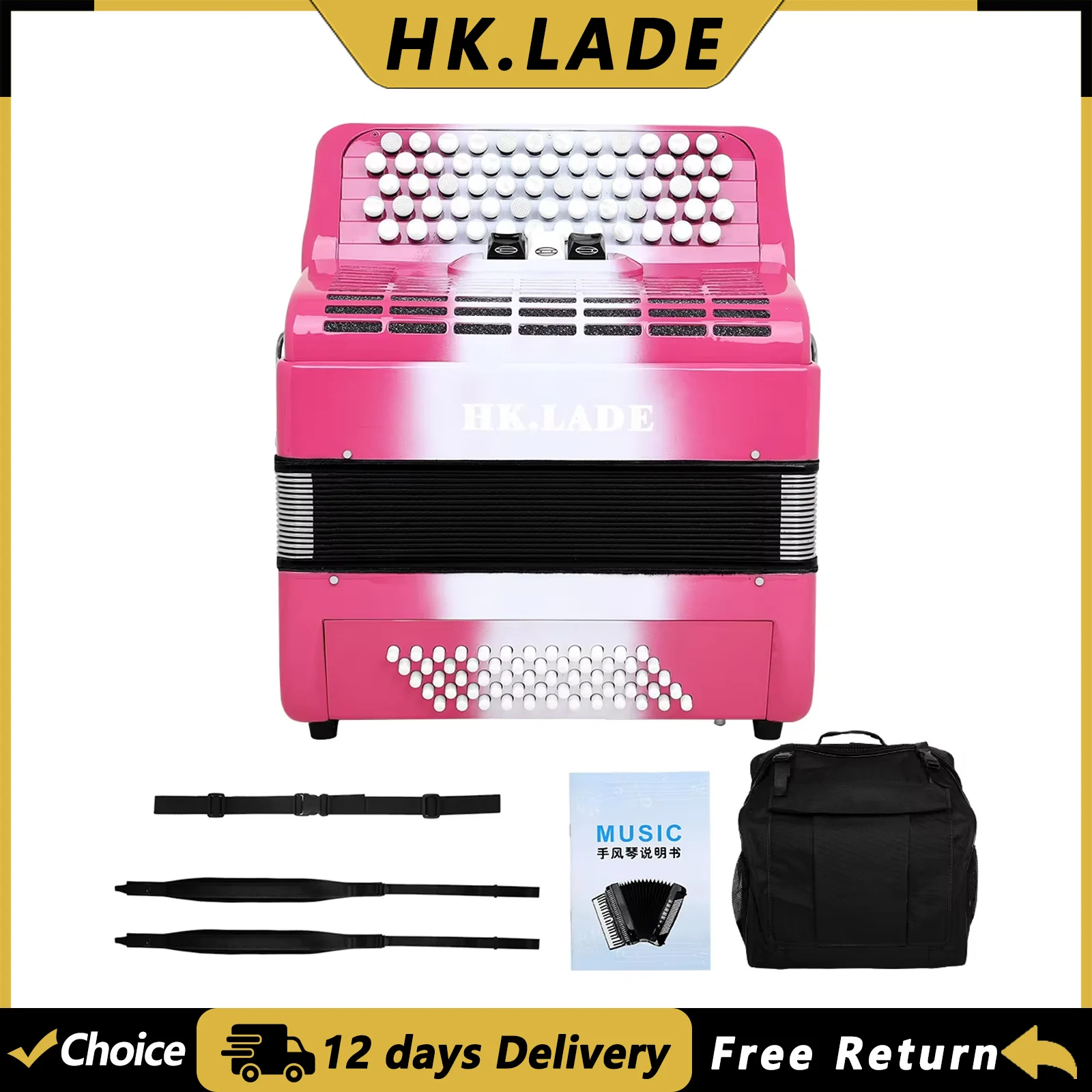 HK.LADE AH-210 Bayan Accordion Multiple-voice 62 Keys 60 Bass Accordion with Bag Keyboard Instrument for Grading Performance