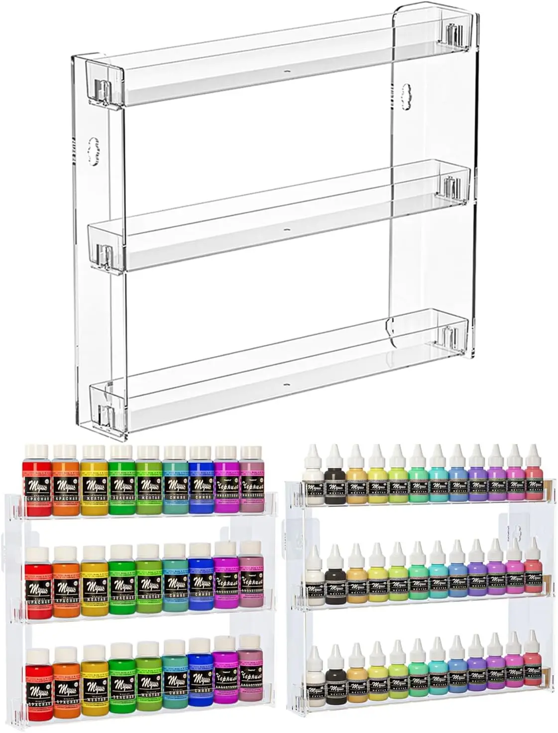 

3 Tier Clear Acrylic Wall-Mount Display Rack for Craft Paint, Nail Polish, Miniatures - No Drill Required