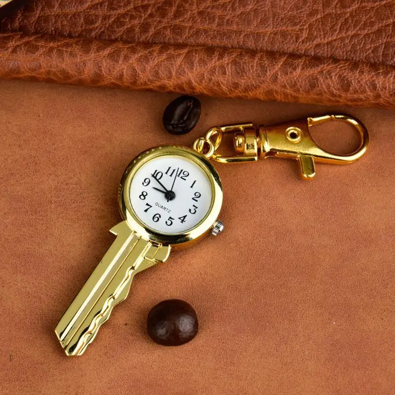 Mini Golden Key Shaped Quartz Watch With Keychain Clear Dial Perfect For Daily Use Bag Pendant Creative Gift
