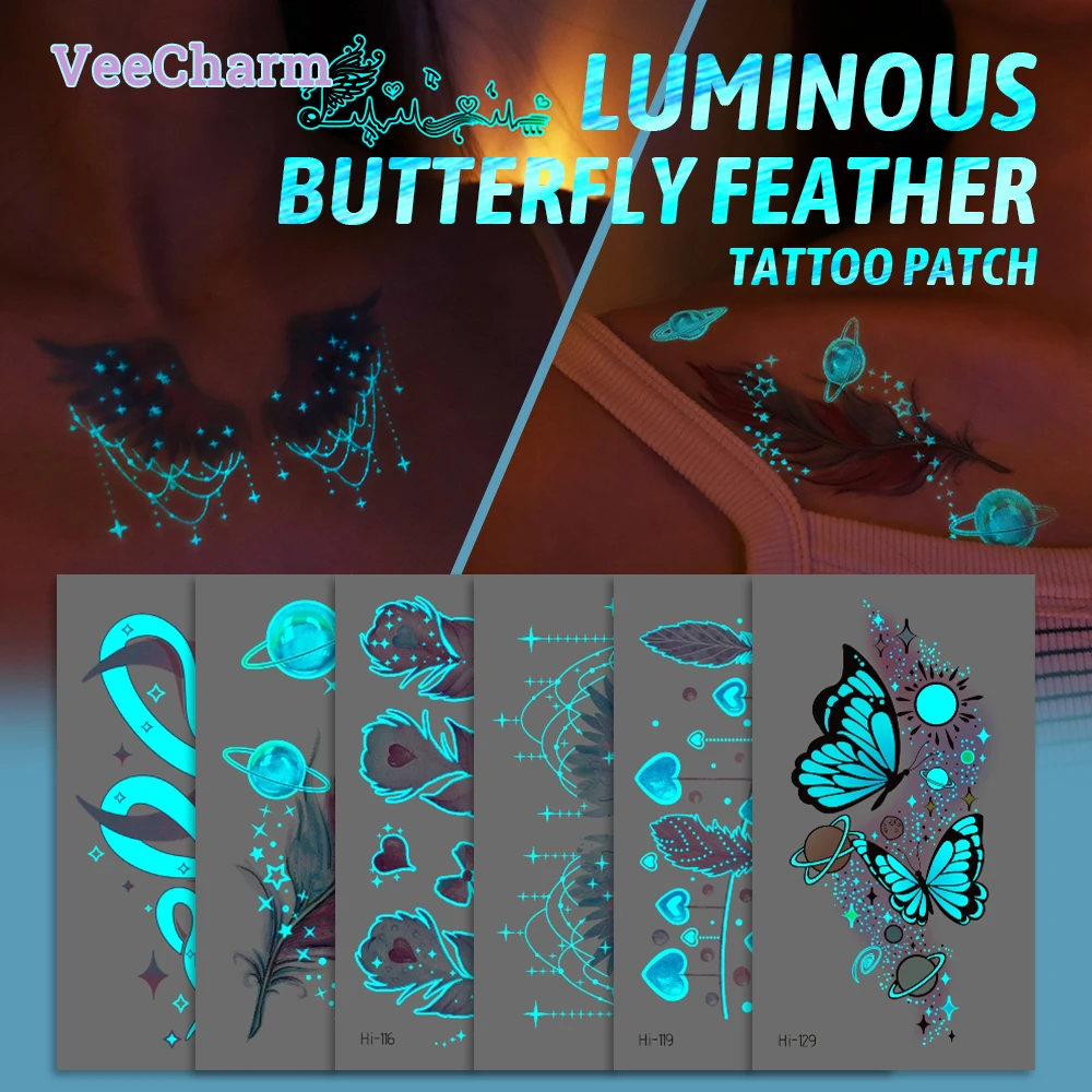 

VeeCharm - Glowing Butterfly & Music Temporary Tattoo Stickers: Waterproof,Safe,Luminous,Skin Art for Women/Girls,1/14/18 Sheet