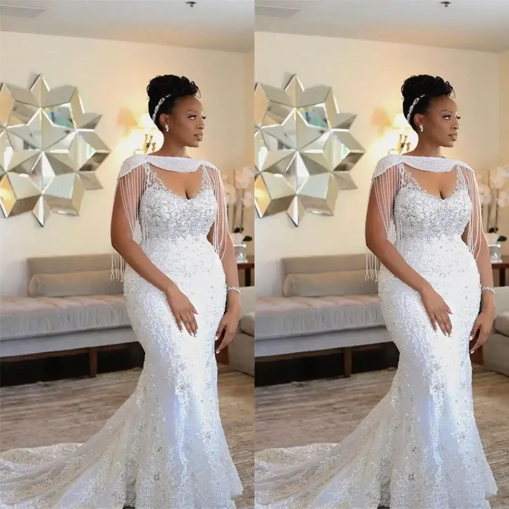 تخصيص فساتين الزفاف الأفريقية الجديدة حورية البحر خمر الخامس الرقبة السباغيتي الأشرطة الدانتيل مخصص كريستال الخرز زي العرائس مع