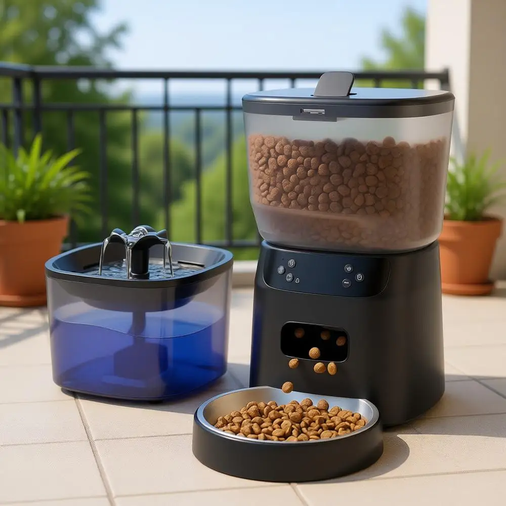 

Automatic Cat Feeder and Water Fountain, 4L/16 Cups Timed Dry Food Dispenser, 10s Meal Call, 20 Portions 6 Meals Per Day, 2L Cat