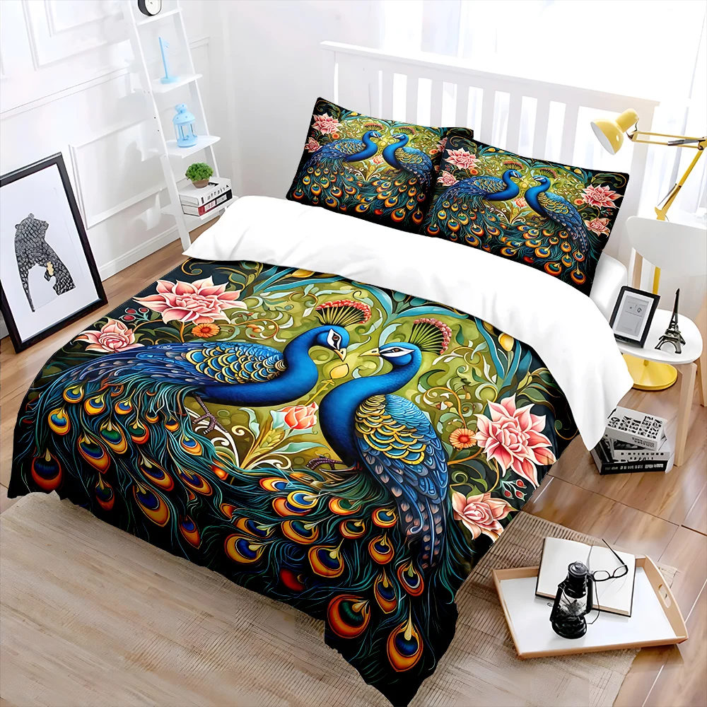 Two elegant peacocks with floral Pattern Duvet Cover Set Digital Print Colorful Polyester Bedding with Zipper Closur for gifts
