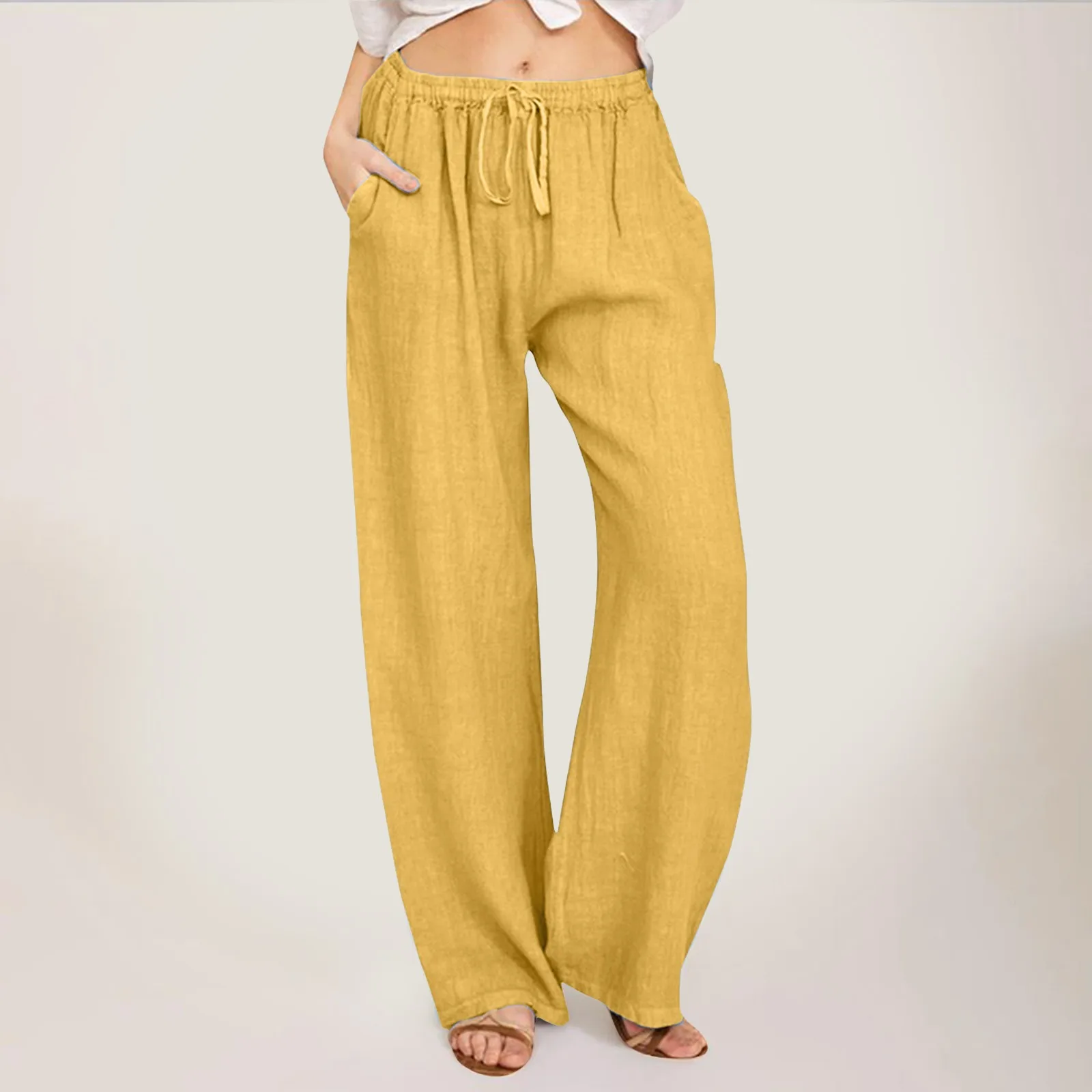 Summer Cotton Linen Wide Leg Pants for Women Pants Full Length Casual Pants Female Solid Loose High Waist Straight Trousers