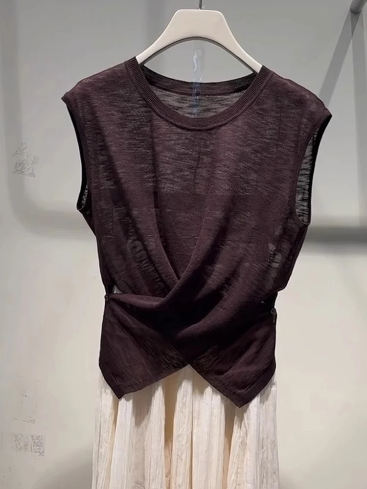 Retro ademend gebreid vest Kleur rond Ne Svel Top Faionable Summer Faion Koreaanse Sle Straight Cut