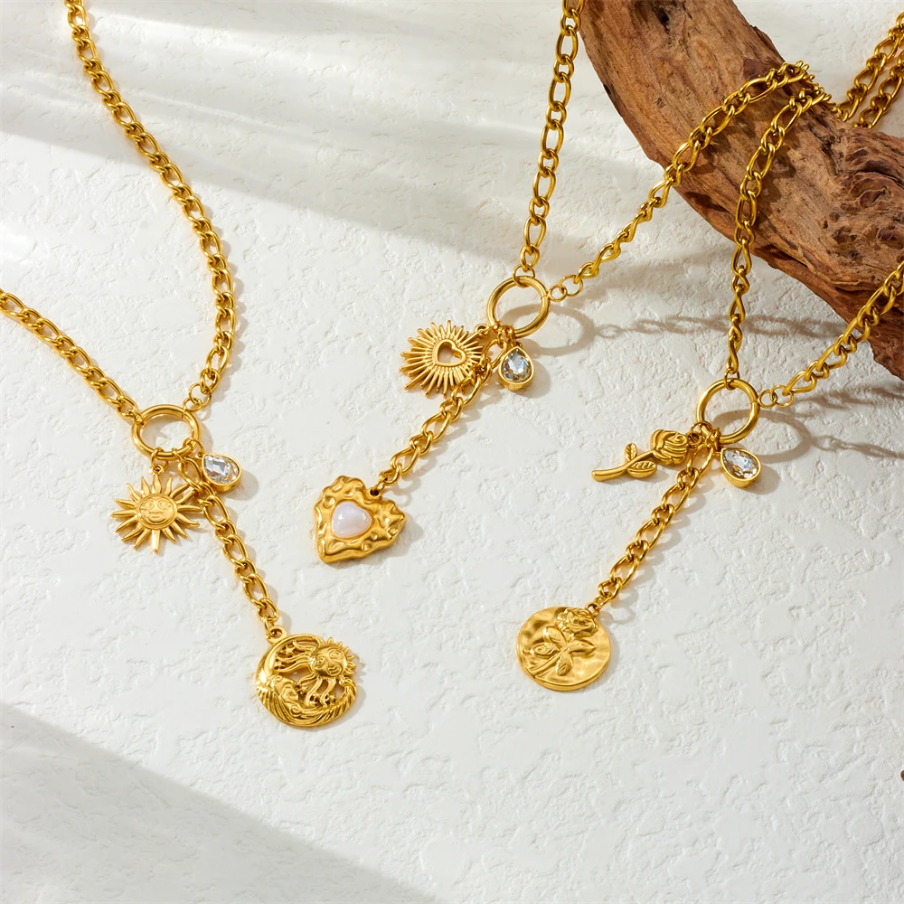 LAMENGLY 316L Stainless Steel 5-Leaf Flower Sun Pearl Heart Long Pendant Necklace For Women 18k Gold Plated Waterproof Jewelry - Image 3