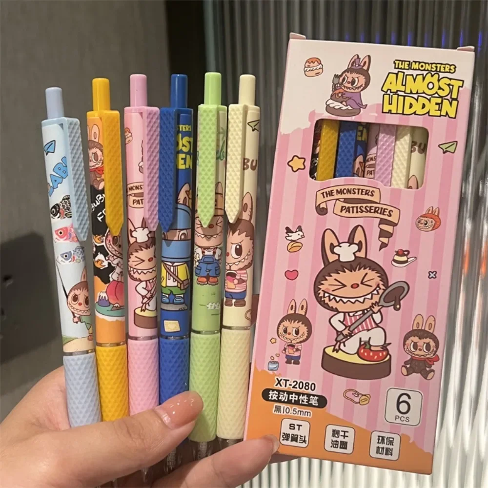 6pcs Kawaii Cute Anime Peripheral Labubu Cartoon Black ST Diary Exam Profile Marker Neutral Pen Pupil Stationery Festivals Gift