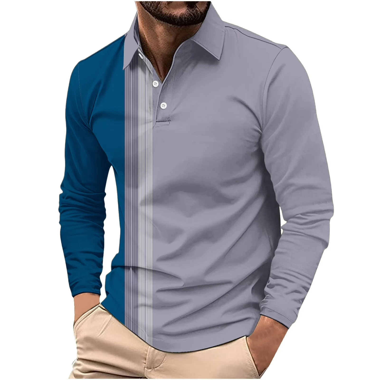 

Men's Fashion 3D Color Block Print Polo Shirts Simple Design Long Sleeve Button Lapel Pullover Loose Casual Comfortable Clothing
