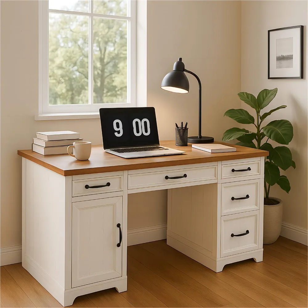 

Executive Farmhouse Desk - 58" Solid Wood with Antique File Cabinet