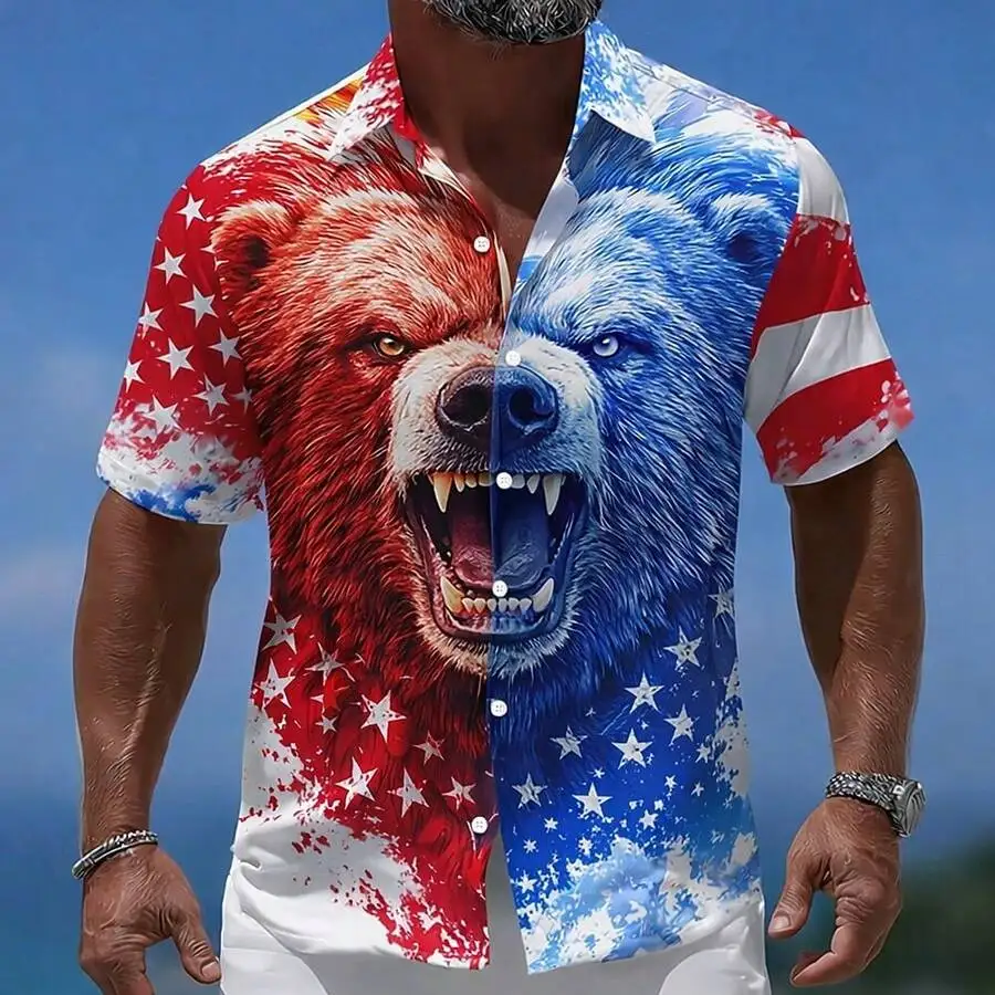

Mens 3D Printed Bear American Flag Button Up Short Sleeve Casual Shirt