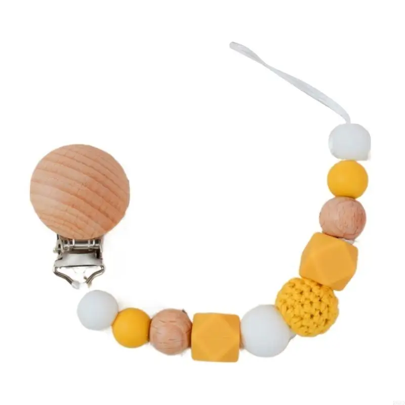

R66D Baby Pacifier Chain Silicone & Beech Beads Teething Toy Anti Lost Clip Strap Lanyard Newborn Essential for Boy Girl