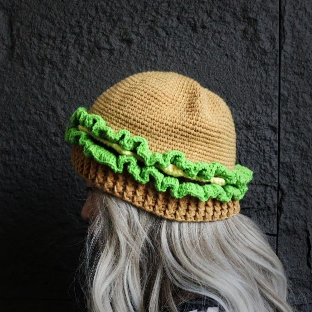 

Stretchy Creative Knitted Hamburger Hat Playful Warm Hamburger Pullover Cap Soft Thick Funny Hamburger Beanie Cycling
