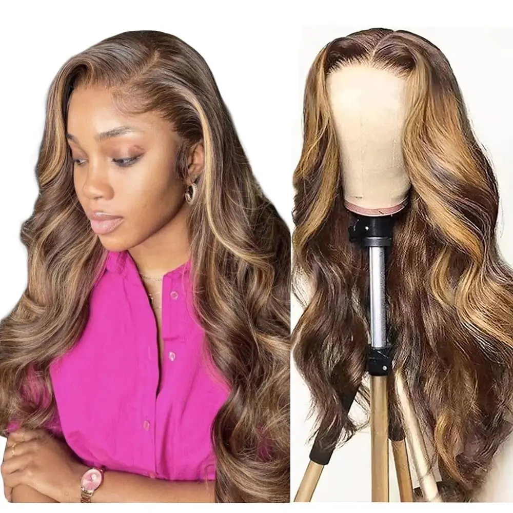 

30 inch 13x4 Highlight Ombre Body Wave Lace Front Wigs Human Hair 4/27 Highlight Honey Blonde 13x6 Lace Front Wig Colored Wigs