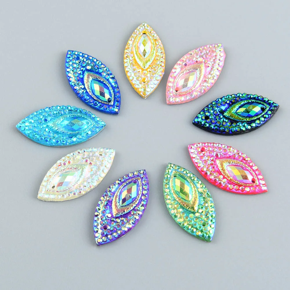 40pcs 11*22mm Shiny AB Flatback Marquise Resin Rhinestones Ornaments  Sew on Wedding/Home Decoration DIY Applique Design Apparel