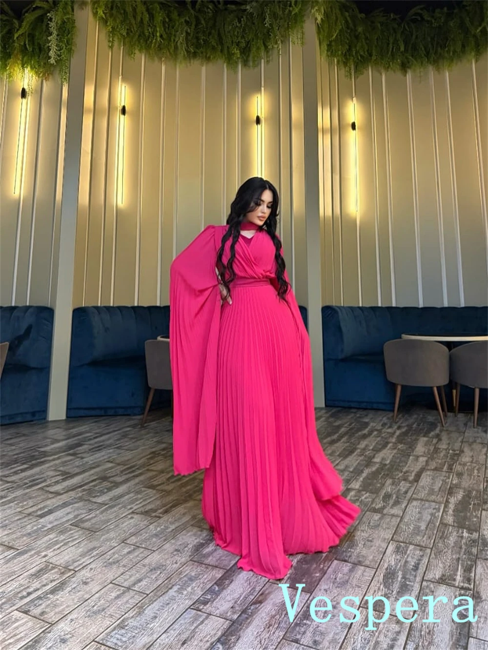 Aangepaste romantische chiffon avondjurk prachtige v-hals lange mouwen celebrity jassen mode sweep trein vestido de festa