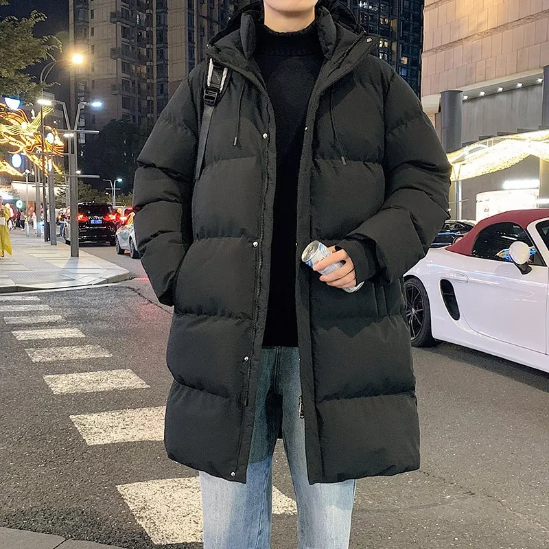 

Thiened down Cotton Jaet Winter Warm Long Hooded Coat Youth Casual Stand Fit Zipper Closure Side ket Pure Color