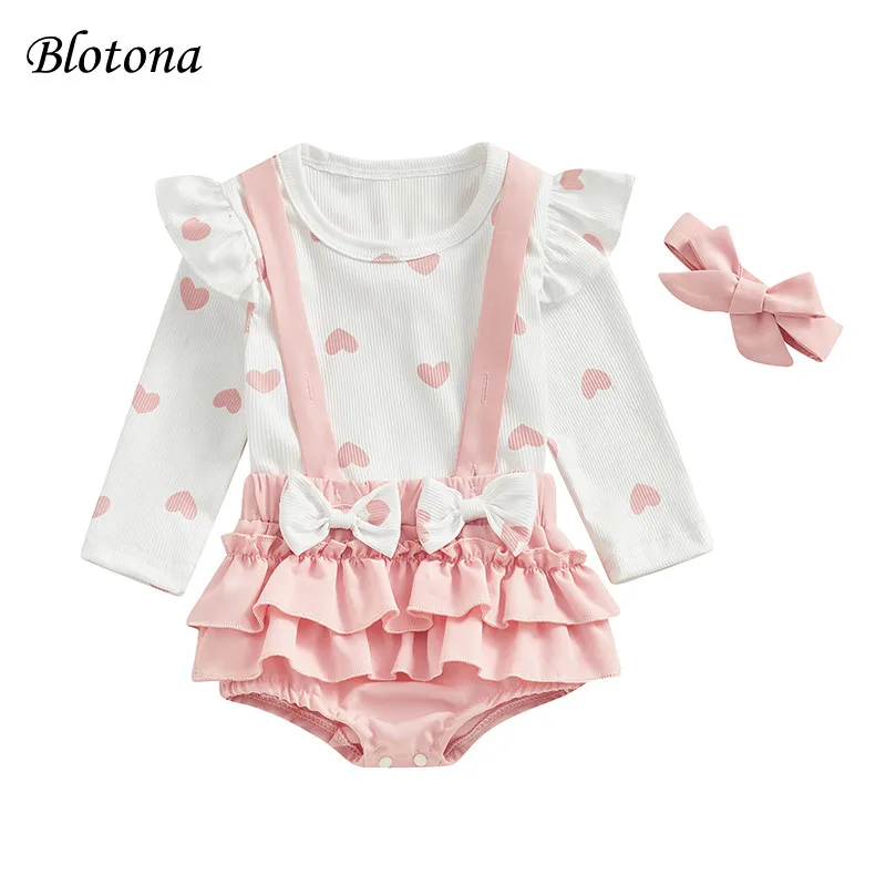 

Blotona Baby Girls 3PCS Shorts Set Long Sleeve Heart Print Tops Tiered Ruffle Suspender Shorts Headband Outfits 0-18Months