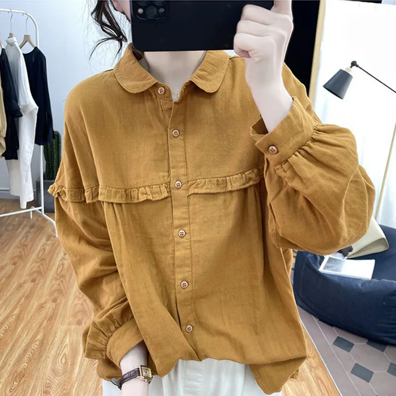 Camisa de manga larga de algodón para mujer, versión coreana de primavera y otoño, Top con volantes, camisa de fondo Retro