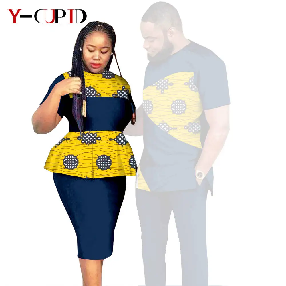 African Clothes for Couples Dashiki Women Patchwork Print Dresses Matching Men Outfit Top and Pants Sets Love Party Wear S20C010