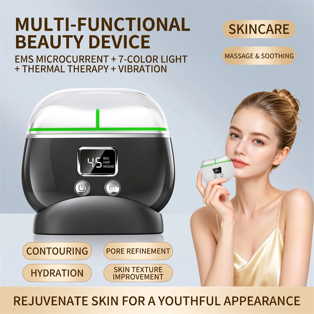 Electric Gua Sha Face Massager EMS Microcurrent 45℃ Heated Neck Lifting Device 4 Color LED Light Vibration Anti-Aging Skin Care