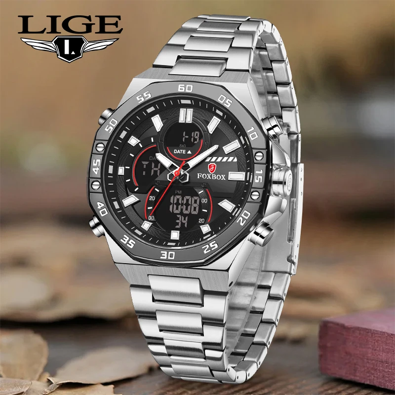 

LIGE Alarm Men Clock 3Bar Waterproof Stainless Steel Relogio Masculino Dual Display Watches Mens Fashion Digital Wristwatches