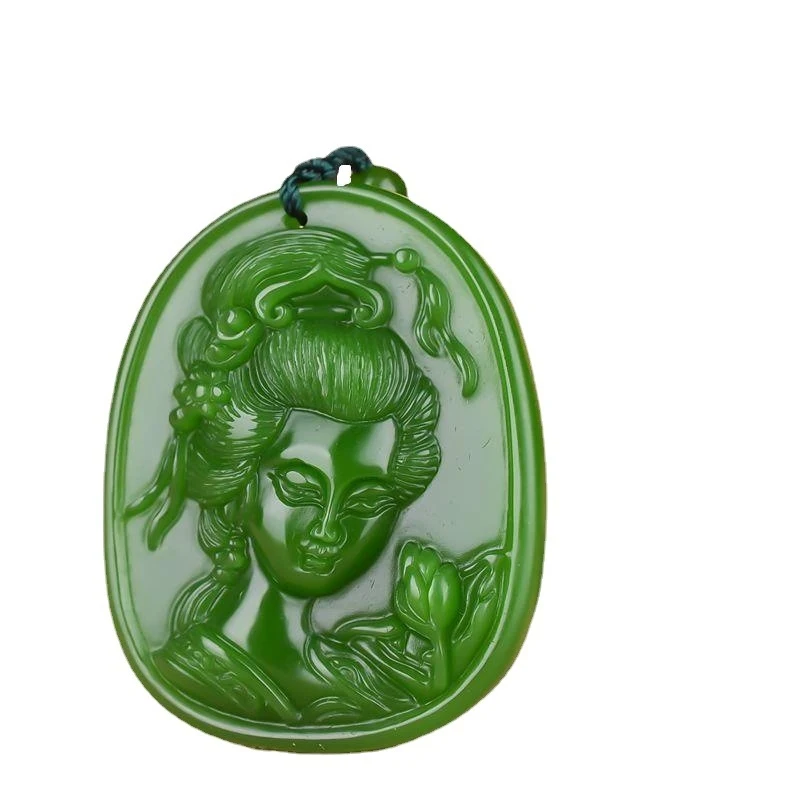 Hotan Jadeite Guanyin Pendant Men, Spinach Green Old Mine Material, Grade A Jade
