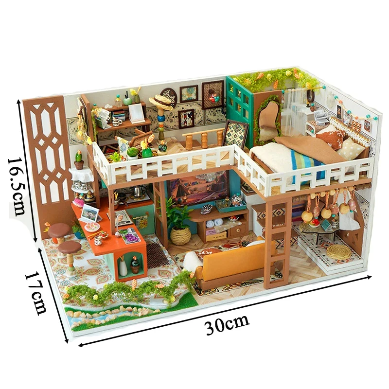 DIY Wooden Bohemian Loft Casa Miniature Model Kits With Furniture LED Lights Dollhouse for Friends Birthday Gifts