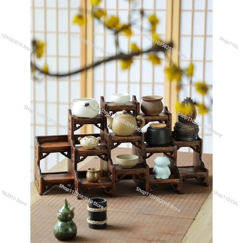 Solid Wood Chinese Antique Desktop Teapot Display Stand, Purple Clay Teapot Placement Rack, Tea Set Storage Holder